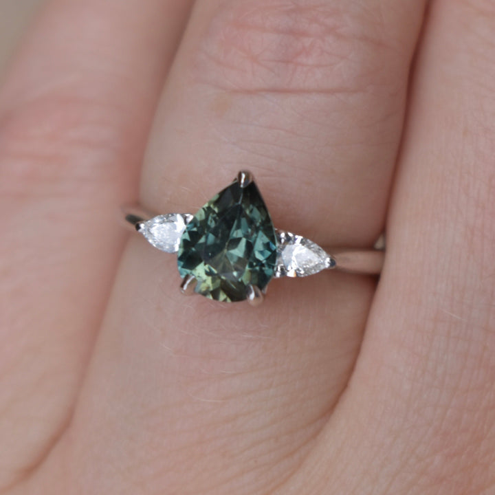 Teal Green Sapphire Engagement Ring, Pear Sapphire Three Stone Ring