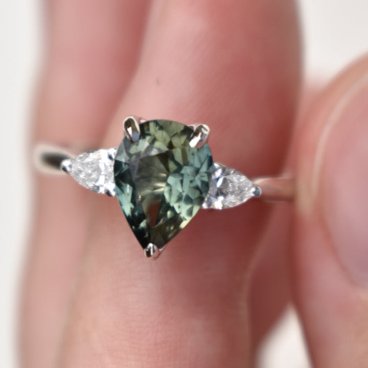 Teal Green Sapphire Engagement Ring, Pear Sapphire Three Stone Ring