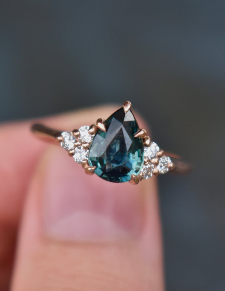 Teal Sapphire Engagement Ring Pear Shape 14K Rose Gold