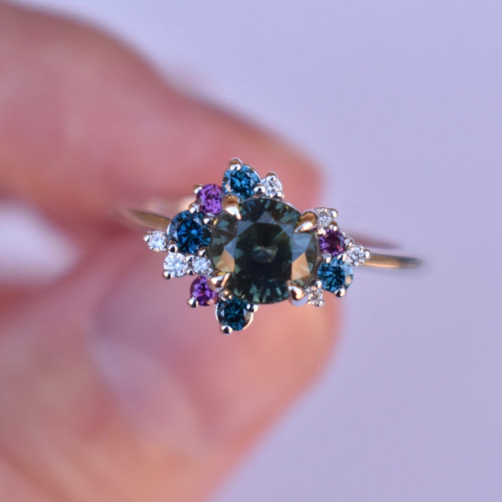 Round Teal Sapphire Diamond Cluster Ring, Sapphire Cluster Engagement Ring 14 K White Gold