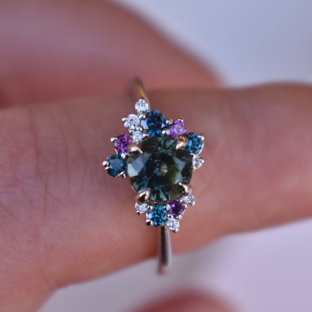 Round Teal Sapphire Diamond Cluster Ring, Sapphire Cluster Engagement Ring 14 K White Gold