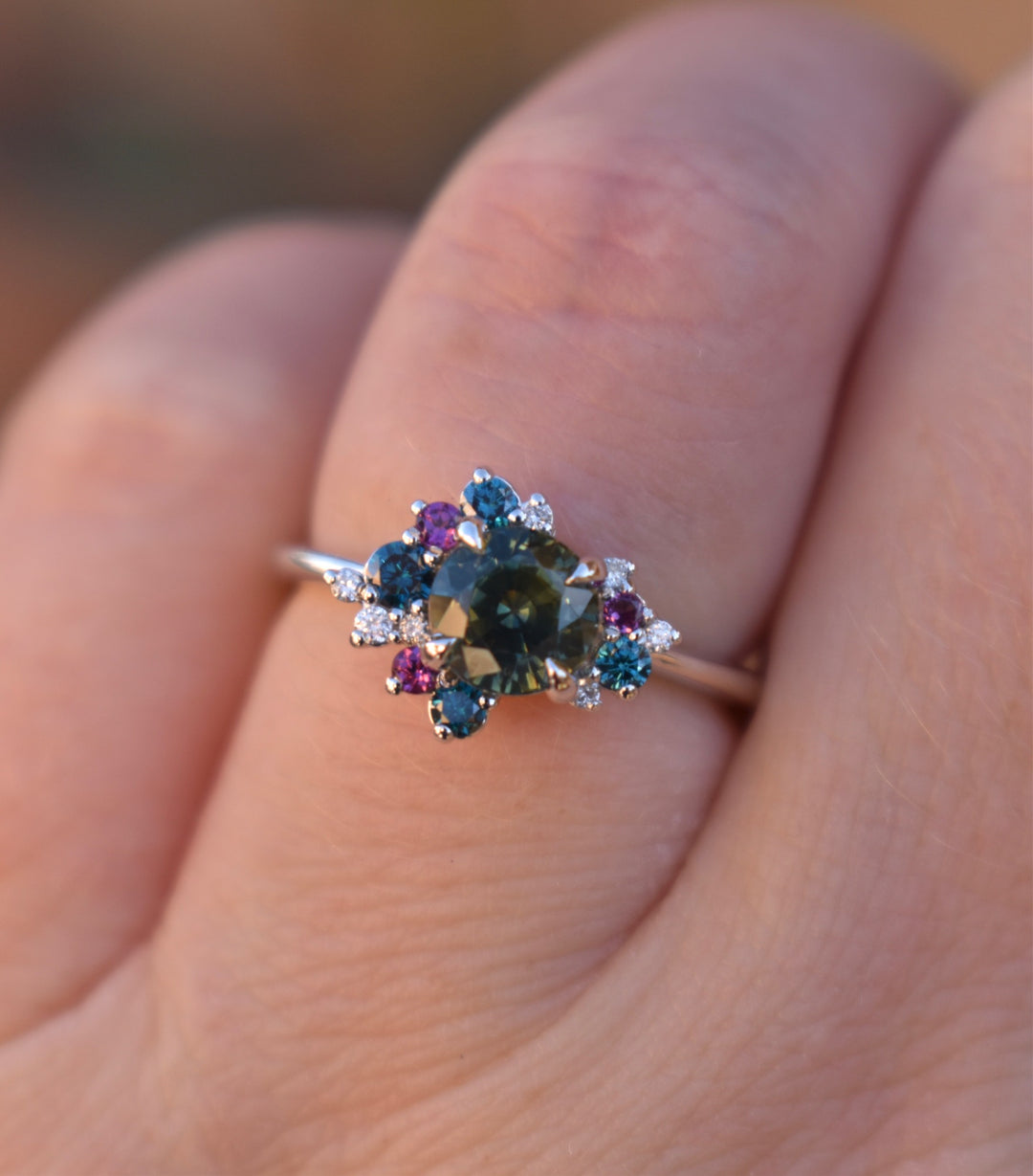 Round Teal Sapphire Diamond Cluster Ring, Sapphire Cluster Engagement Ring 14 K White Gold