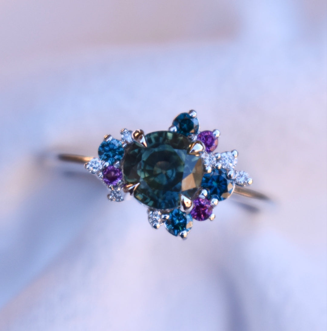 Round Teal Sapphire Diamond Cluster Ring, Sapphire Cluster Engagement Ring 14 K White Gold