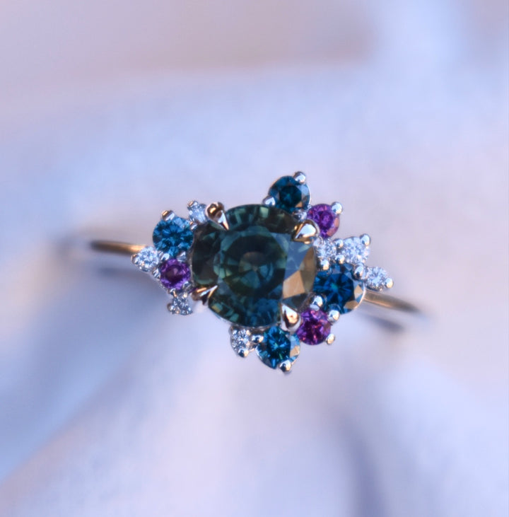 Round Teal Sapphire Diamond Cluster Ring, Sapphire Cluster Engagement Ring 14 K White Gold