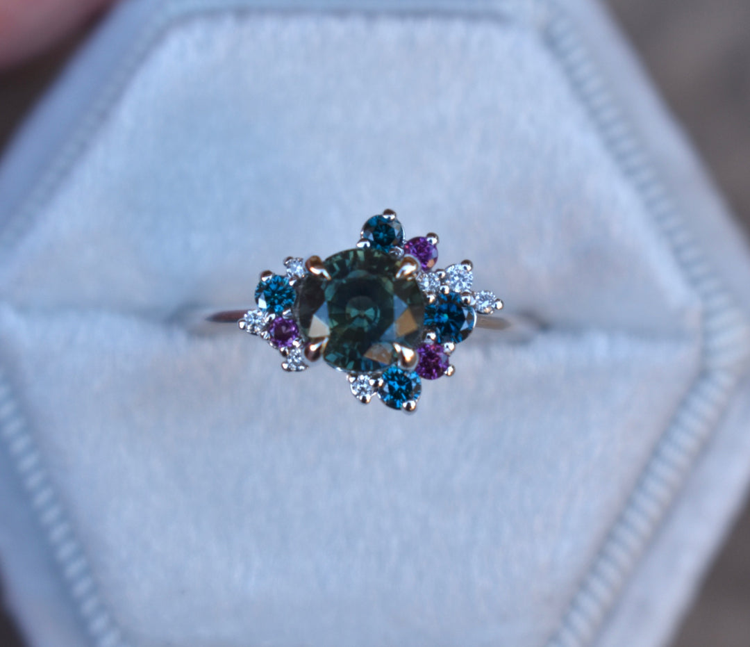 Round Teal Sapphire Diamond Cluster Ring, Sapphire Cluster Engagement Ring 14 K White Gold