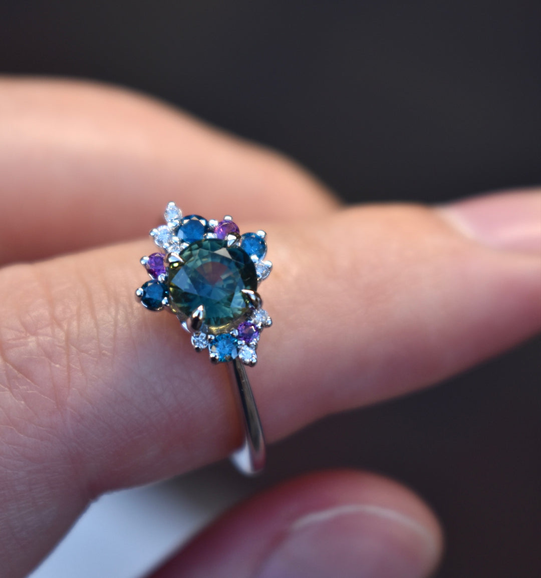 Round Teal Sapphire Diamond Cluster Ring, Sapphire Cluster Engagement Ring 14 K White Gold