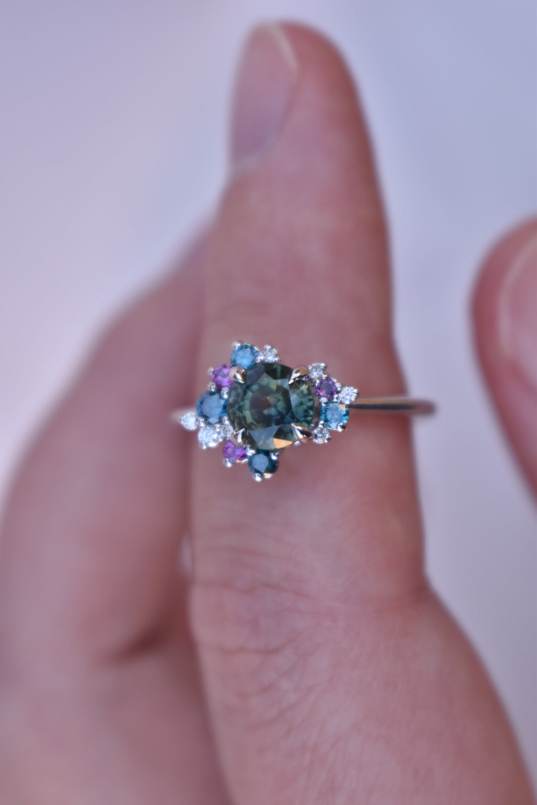 Round Teal Sapphire Diamond Cluster Ring, Sapphire Cluster Engagement Ring 14 K White Gold