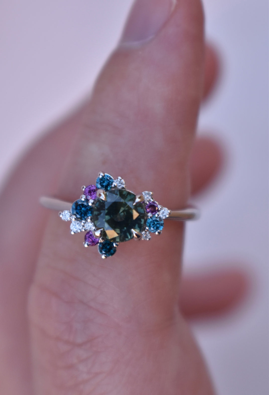 Round Teal Sapphire Diamond Cluster Ring, Sapphire Cluster Engagement Ring 14 K White Gold