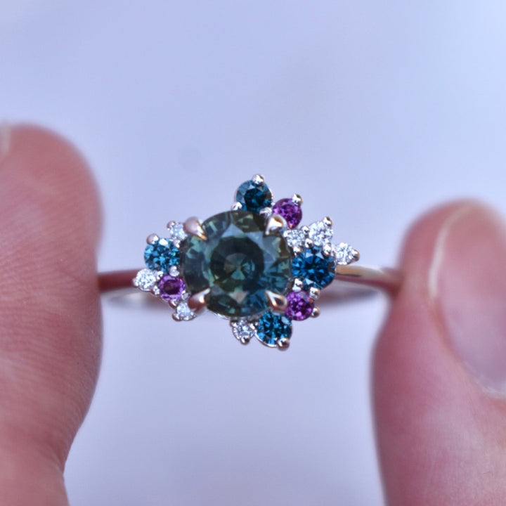 Round Teal Sapphire Diamond Cluster Ring, Sapphire Cluster Engagement Ring 14 K White Gold