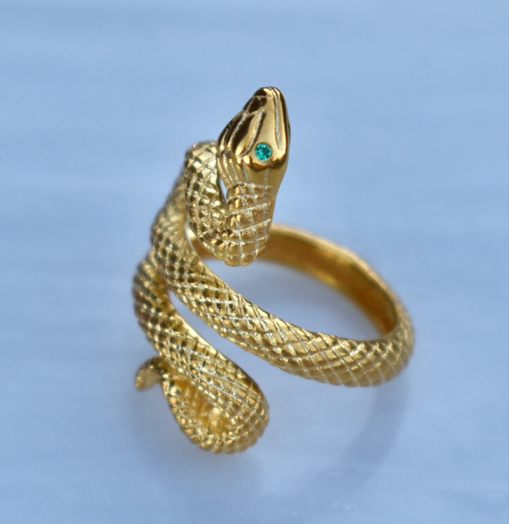 14K Gold Snake Ring with Natural Emerald Eyes, Serpent Ring