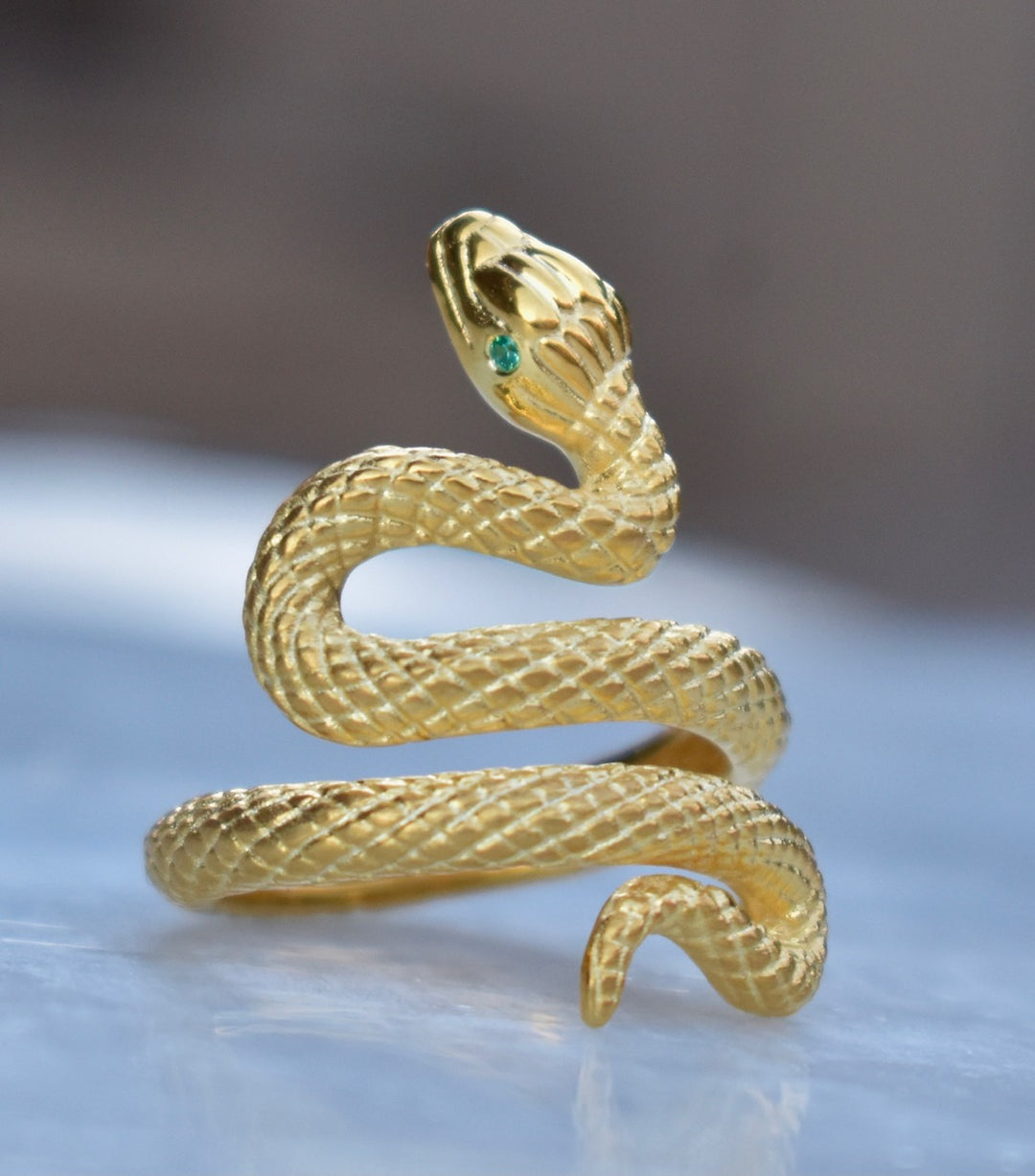 14K Gold Snake Ring with Natural Emerald Eyes, Serpent Ring