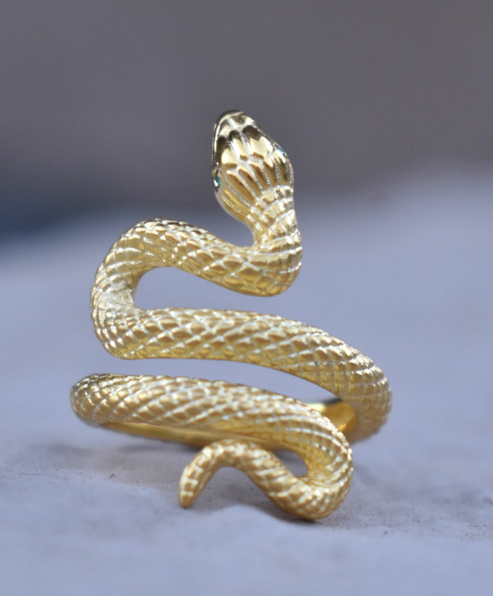14K Gold Snake Ring with Natural Emerald Eyes, Serpent Ring
