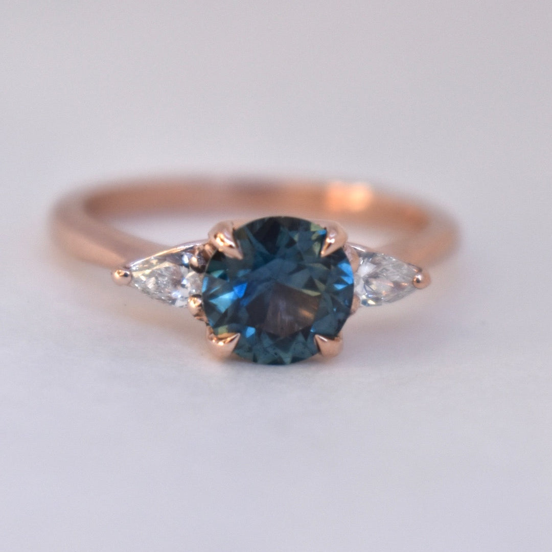 Teal Blue Montana Sapphire Ring w/ Diamonds 14K Rose Gold