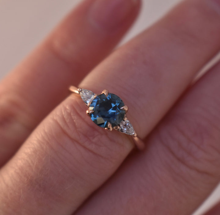 Teal Blue Montana Sapphire Ring w/ Diamonds 14K Rose Gold