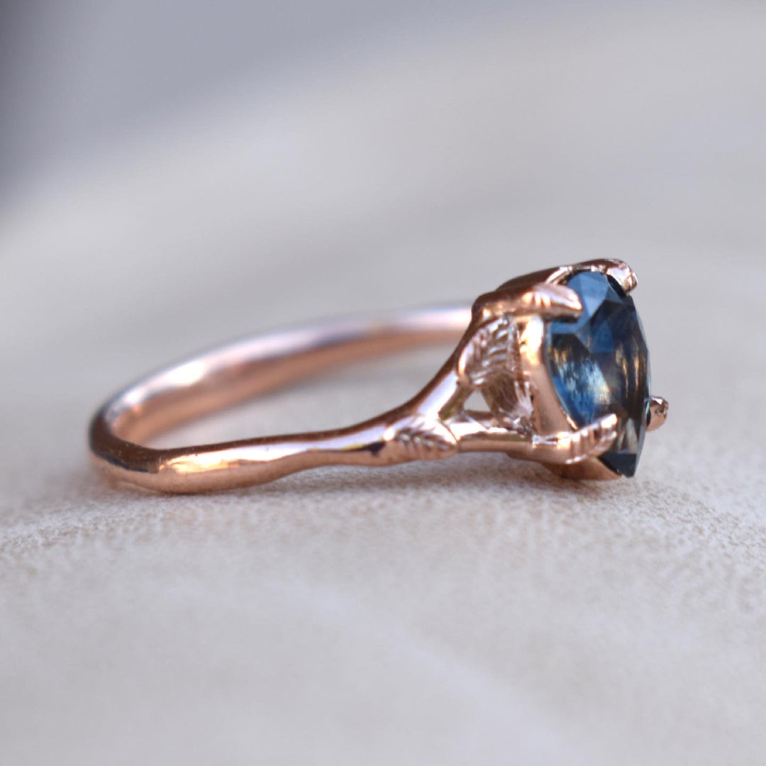 Leaf Engagement Ring with Montana Sapphire 14K Gold,Teal Montana Sapphire Engagement Ring,Solitaire Pear Ring,Rose Gold Pear Ring