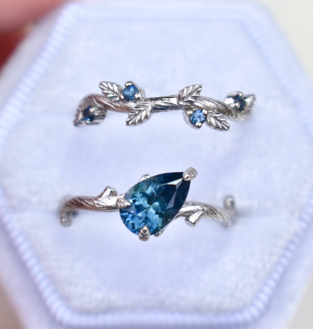 Twig Leaf Engagement Ring Set With Teal Blue Montana Sapphire 14K White Gold