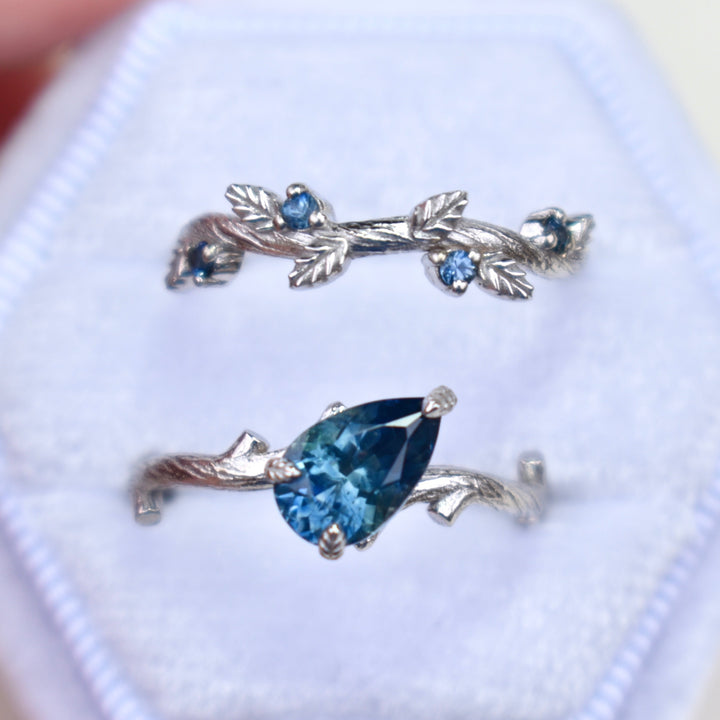 Twig Leaf Engagement Ring Set With Teal Blue Montana Sapphire 14K White Gold