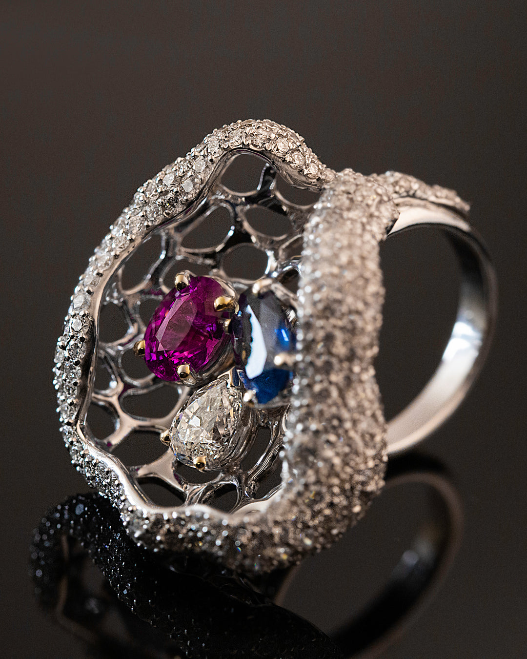 Fancy Sapphire and Diamond Cocktail Ring with Blue Sapphire,Pink Sapphire in 14K White Gold