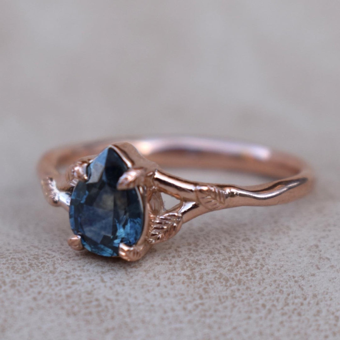 Leaf Engagement Ring with Montana Sapphire 14K Gold,Teal Montana Sapphire Engagement Ring,Solitaire Pear Ring,Rose Gold Pear Ring