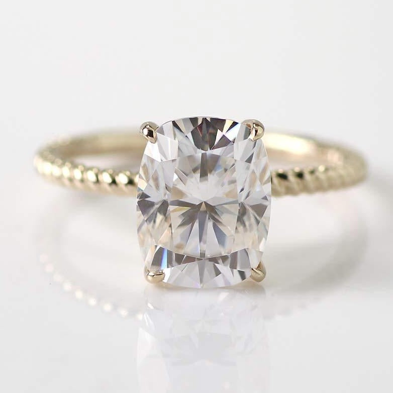 White Sapphire Engagement Ring with Diamonds Cushion Shape 14K Gold