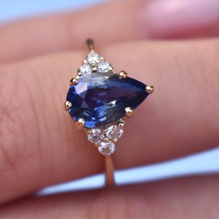 Bi Color Sapphire and Diamond Engagement Ring, White and Blue Sapphire Ring