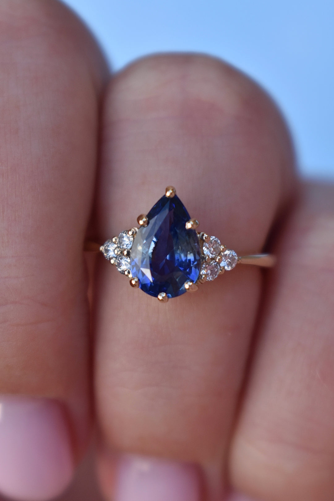 Bi Color Sapphire and Diamond Engagement Ring, White and Blue Sapphire Ring