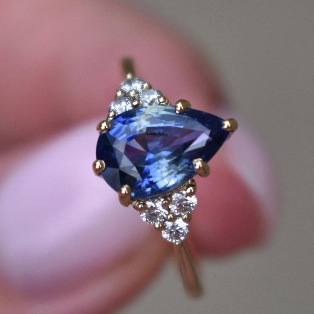 Bi Color Sapphire and Diamond Engagement Ring, White and Blue Sapphire Ring