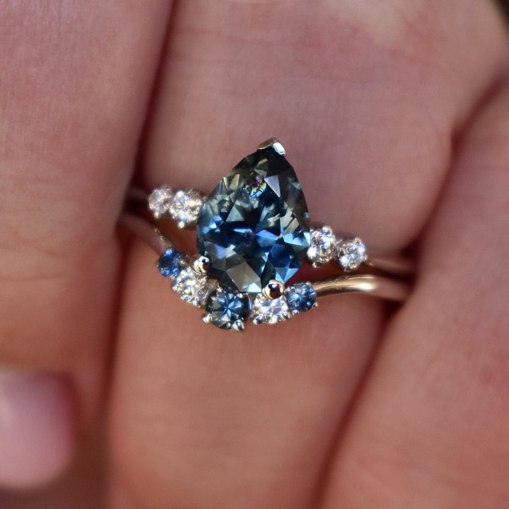 Teal Pear Blue Montana Sapphire Engagement Ring Set 14K White Gold