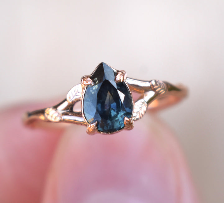 Leaf Engagement Ring with Montana Sapphire 14K Gold,Teal Montana Sapphire Engagement Ring,Solitaire Pear Ring,Rose Gold Pear Ring