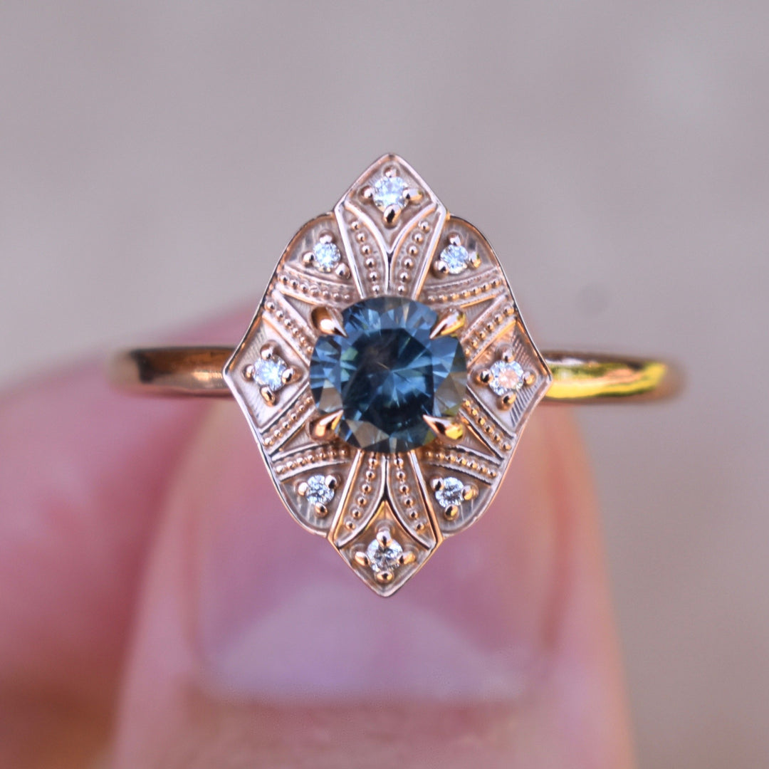 Art Deco Montana Sapphire Ring 14K Gold,Art Deco Engagement Ring Vintage,Teal Sapphire Engagement Ring