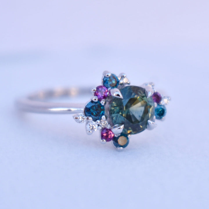 Round Teal Sapphire Diamond Cluster Ring, Sapphire Cluster Engagement Ring 14 K White Gold