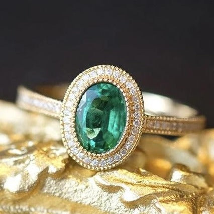 Emerald Ring with Diamonds 14K Gold,Emerald Ring Engagement,Emerald Green Ring