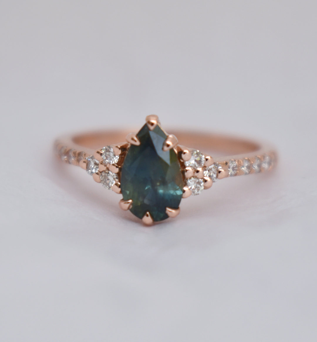Pear Shape Green Sapphire Engagement Ring with Diamonds 14K Rose Gold
