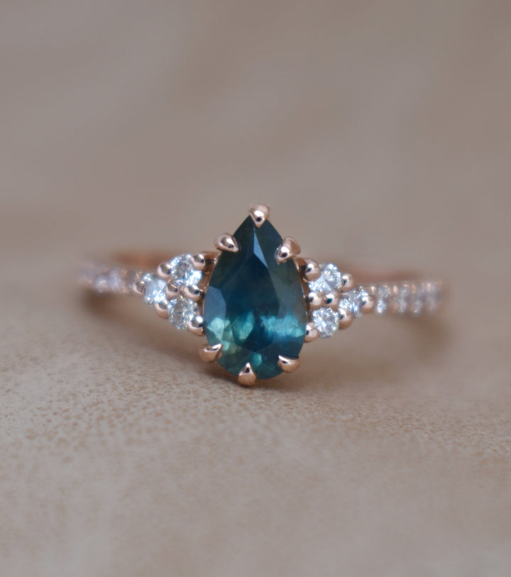 Pear Shape Green Sapphire Engagement Ring with Diamonds 14K Rose Gold
