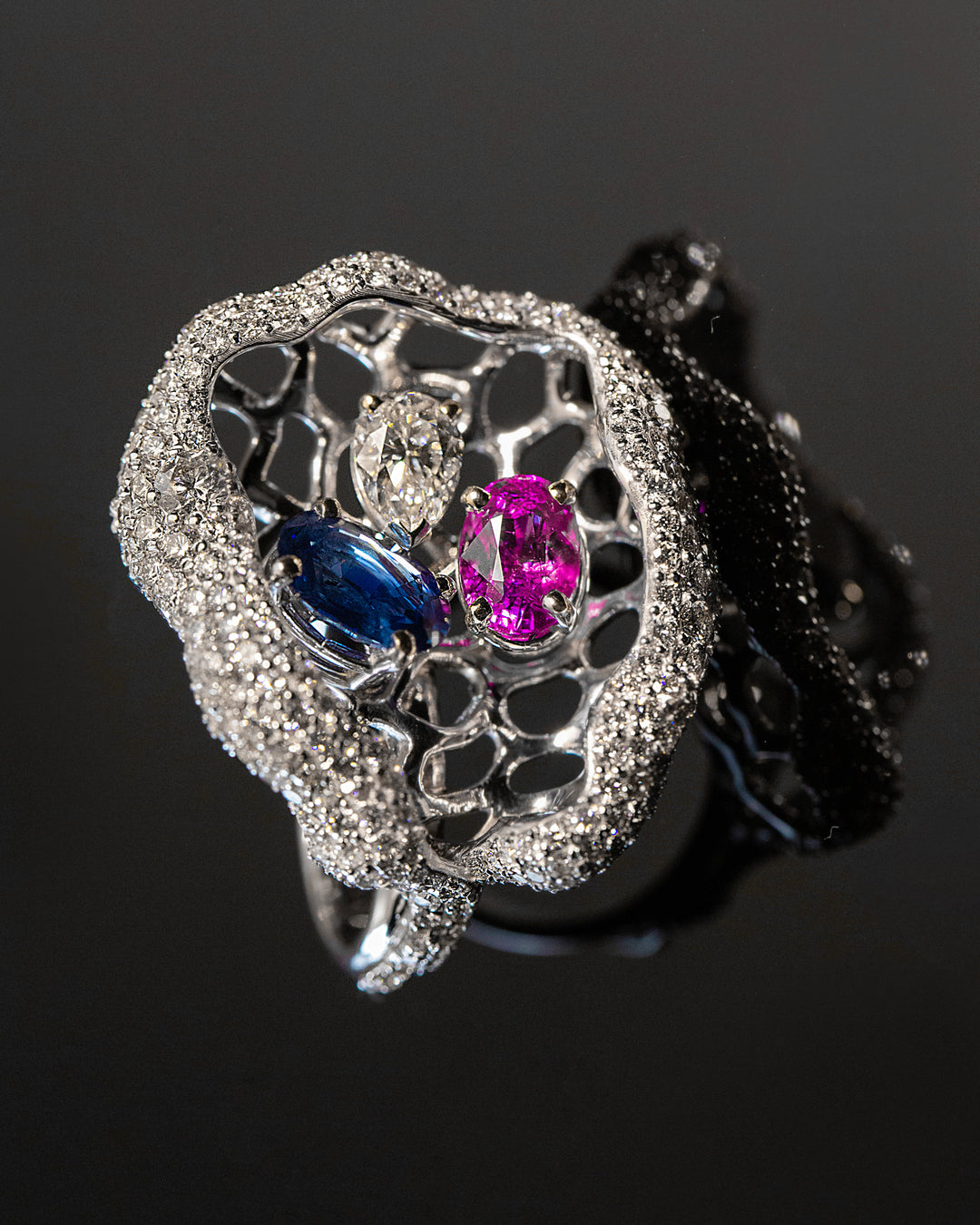 Fancy Sapphire and Diamond Cocktail Ring with Blue Sapphire,Pink Sapphire in 14K White Gold