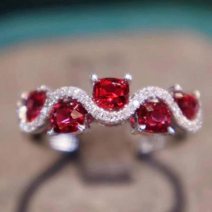 Red Spinel Ring Band w/ Diamonds 18K White Gold,Spinel Engagement Ring