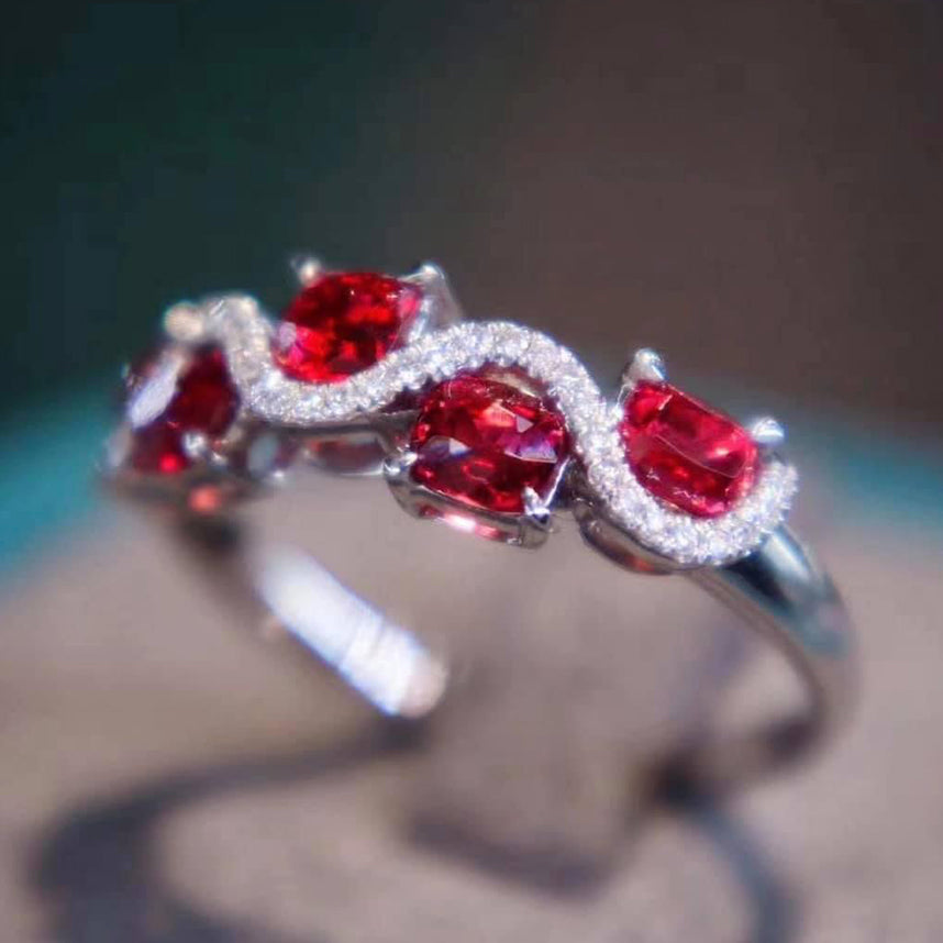 Red Spinel Ring Band w/ Diamonds 18K White Gold,Spinel Engagement Ring