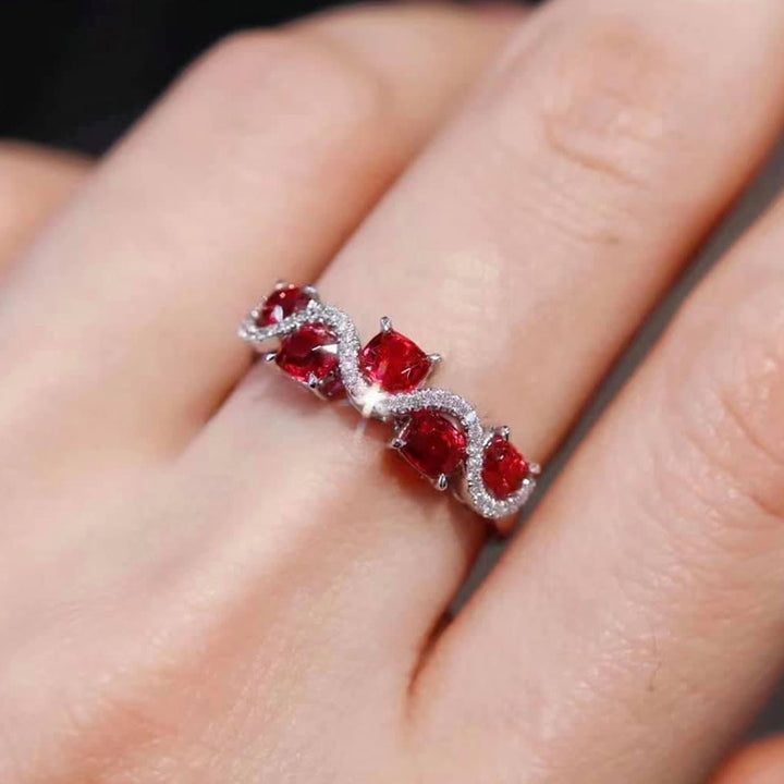 Red Spinel Ring Band w/ Diamonds 18K White Gold,Spinel Engagement Ring