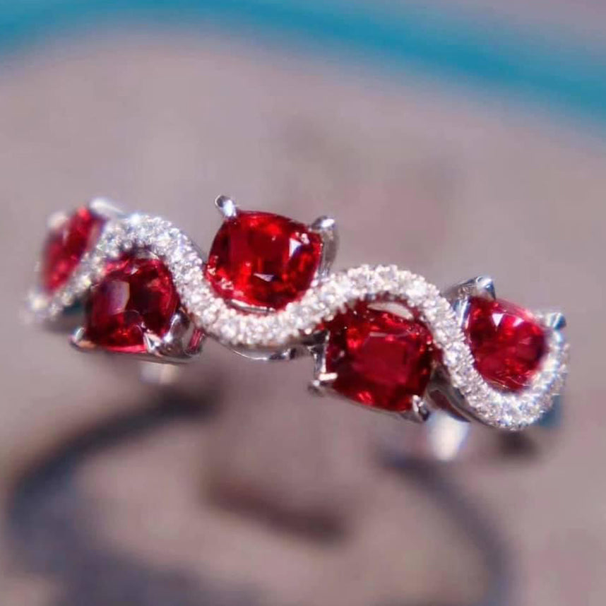 Red Spinel Ring Band w/ Diamonds 18K White Gold,Spinel Engagement Ring