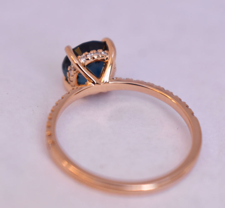 Teal Sapphire Hidden Halo Diamond Engagement Ring 14K Gold