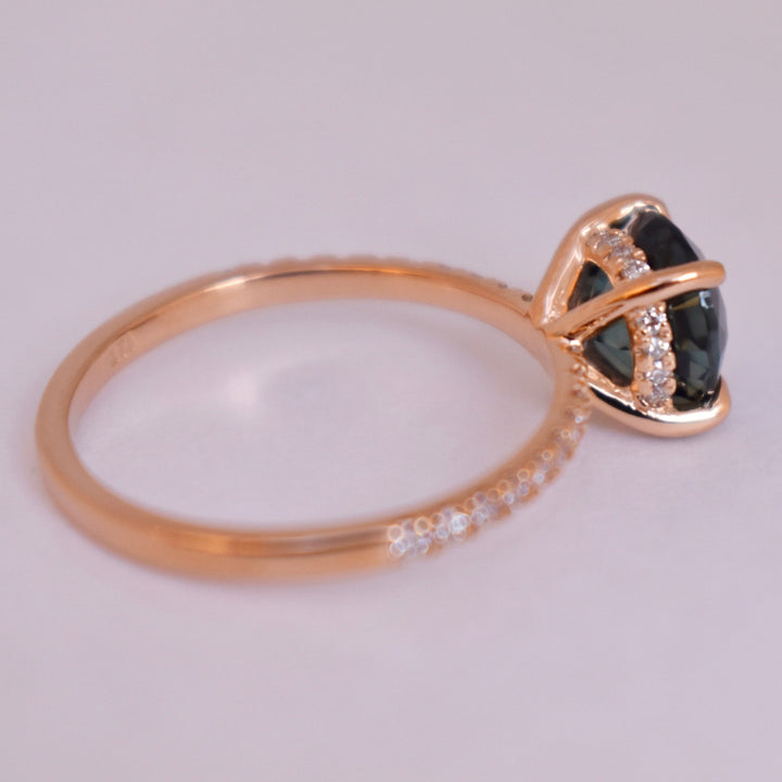 Teal Sapphire Hidden Halo Diamond Engagement Ring 14K Gold