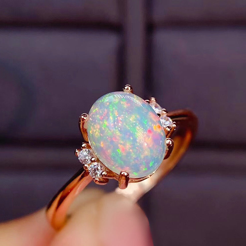 14K Gold Opal and Diamond Solitaire Vintage Ring, Opal Engagement Ring