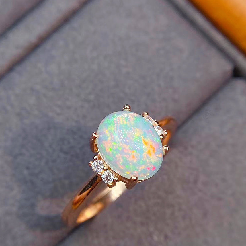14K Gold Opal and Diamond Solitaire Vintage Ring, Opal Engagement Ring