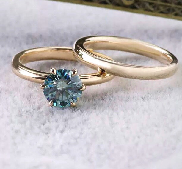 Teal Green Solitaire Montana Sapphire Engagement Wedding Ring Set 14K Gold