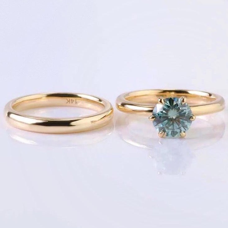 Teal Green Solitaire Montana Sapphire Engagement Wedding Ring Set 14K Gold