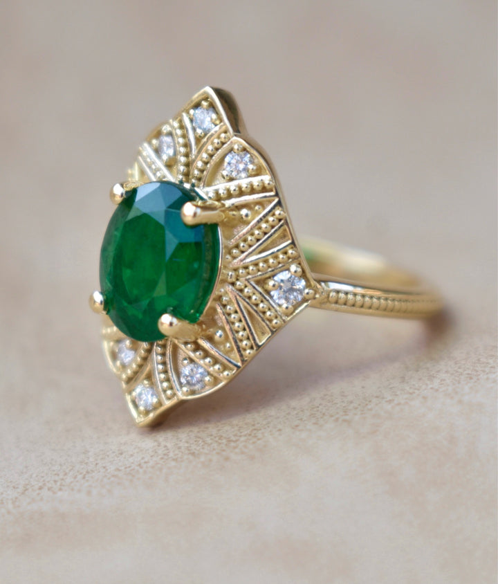 Art Deco Emerald Engagement Ring With Diamonds 14K Yellow Gold