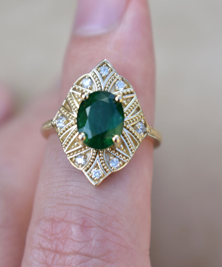 Art Deco Emerald Engagement Ring With Diamonds 14K Yellow Gold