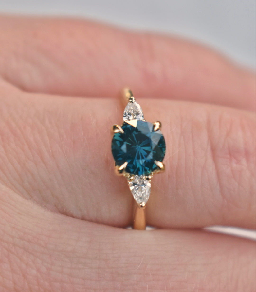 Teal Sapphire Engagement Ring with Pear Shape Diamonds 14K Gold