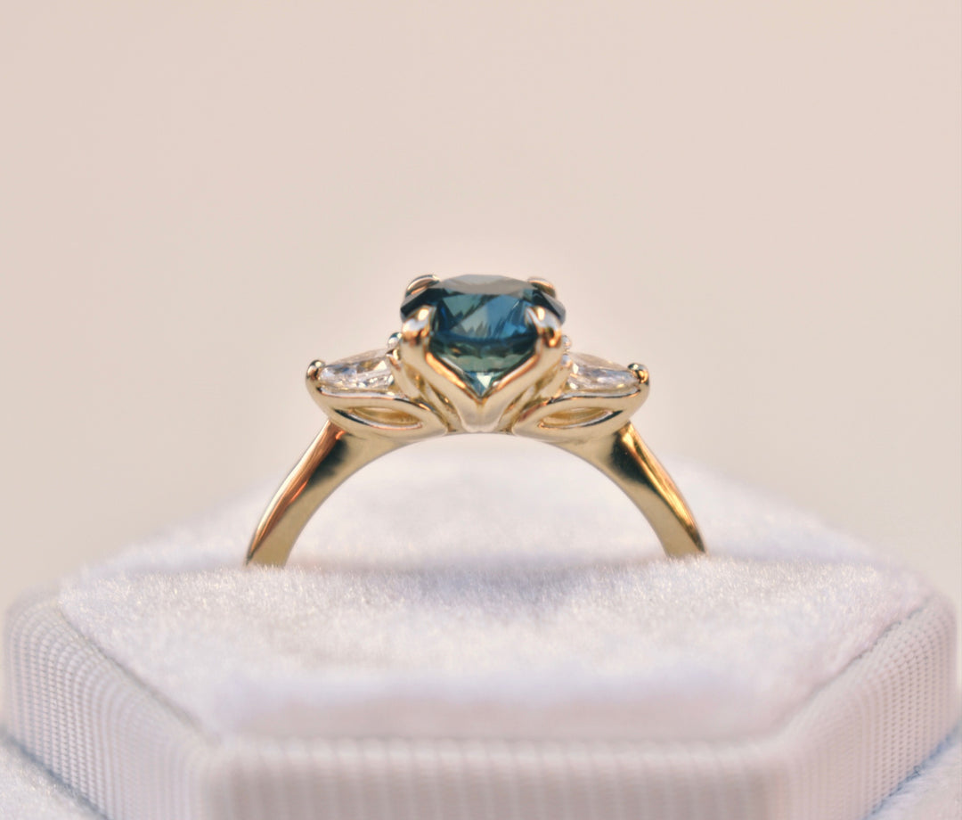 Teal Sapphire Engagement Ring with Pear Shape Diamonds 14K Gold