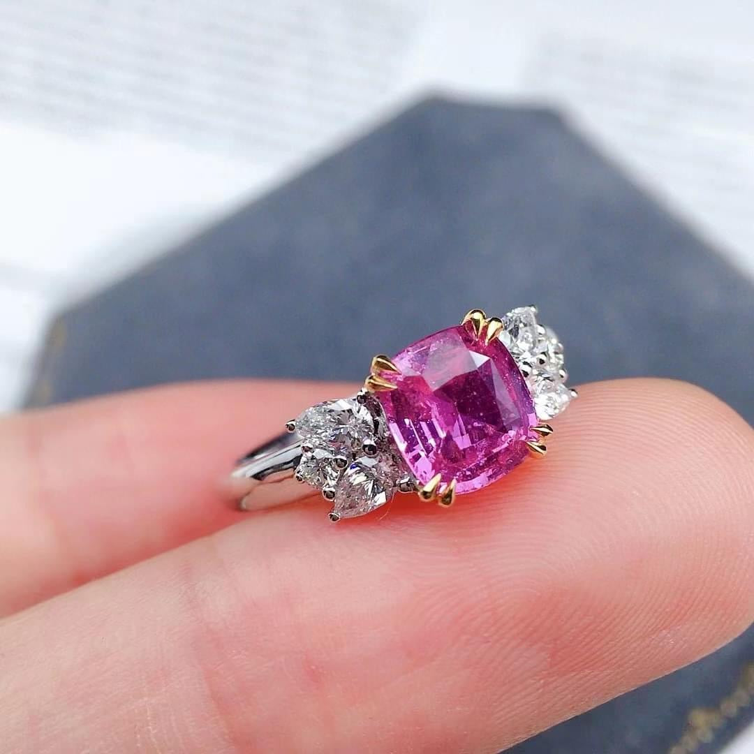 Cushion Shape Pink Sapphire Engagement Ring with Diamonds 14K Gold